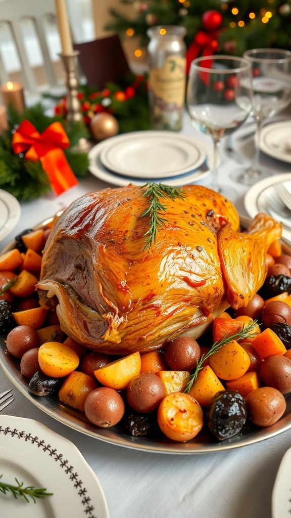 Roast Lamb for Christmas Dinner Roast leg of lamb with herbs and roasted vegetables on a festive table.